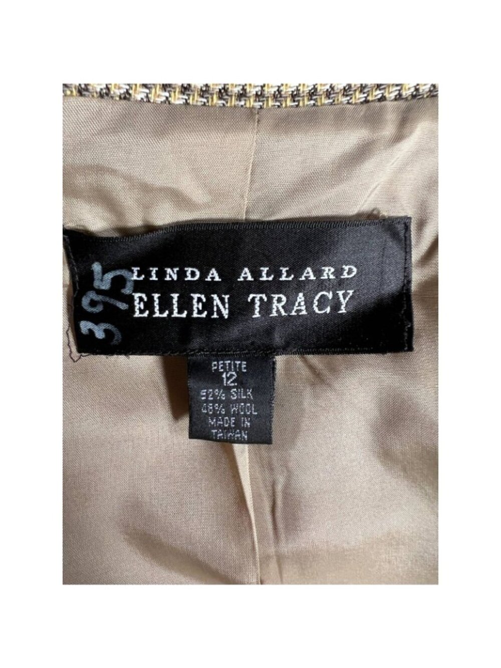 Linda Allard Ellen Tracy Vintage Petite Blazer Beige Houndstooth Wool Silk Blend - Picture 4 of 12
